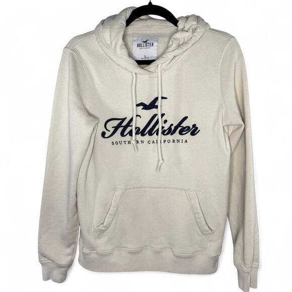 Hollister‎ Beige Logo Hoodie Sweatshirt Small Classic Y2K Preppy Cozy Pullover - Picture 1 of 9